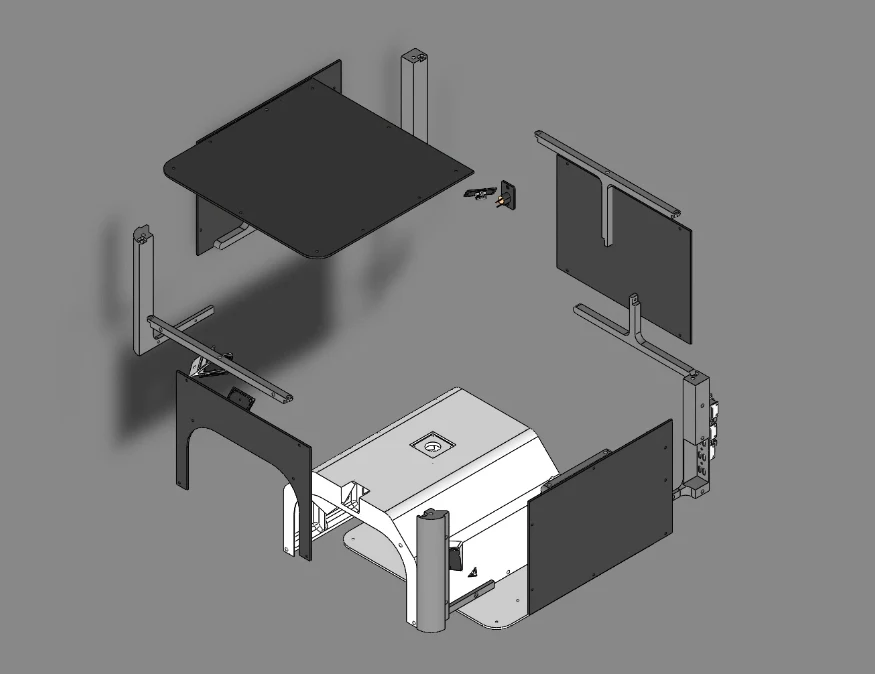 Exploded CAD assembly showing the photobox panels, frame members, and internal modules