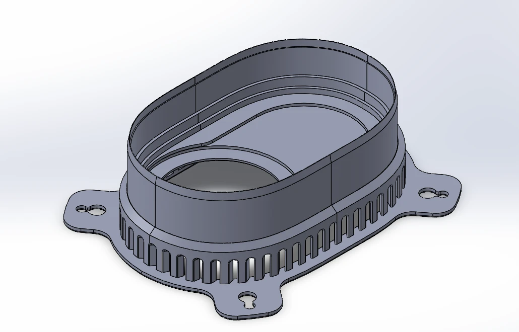CAD model of the compact pump filter housing with perimeter slots and mounting tabs