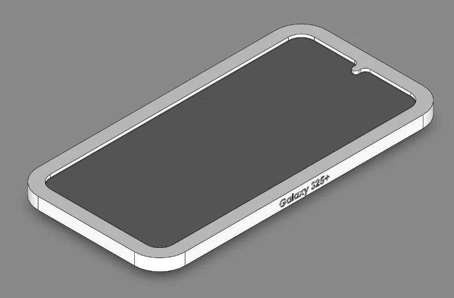 CAD model of a Galaxy S25 screen protector installation guide